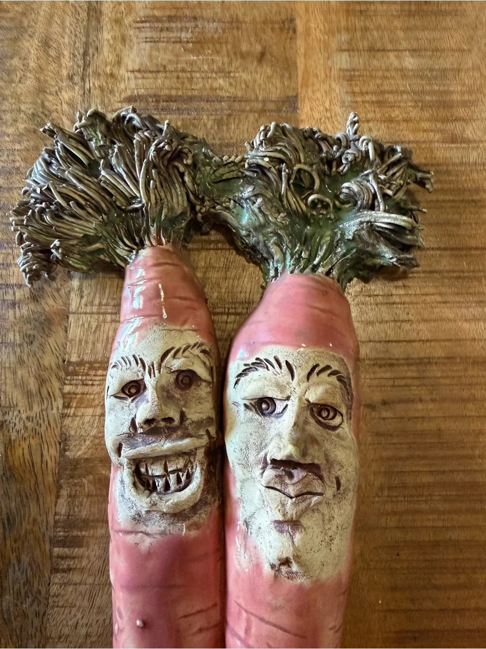 2 Face Anthropomorphic 3D Carrots Signed Clay Pottery Vintage 2000, 12.5”x5” EUC